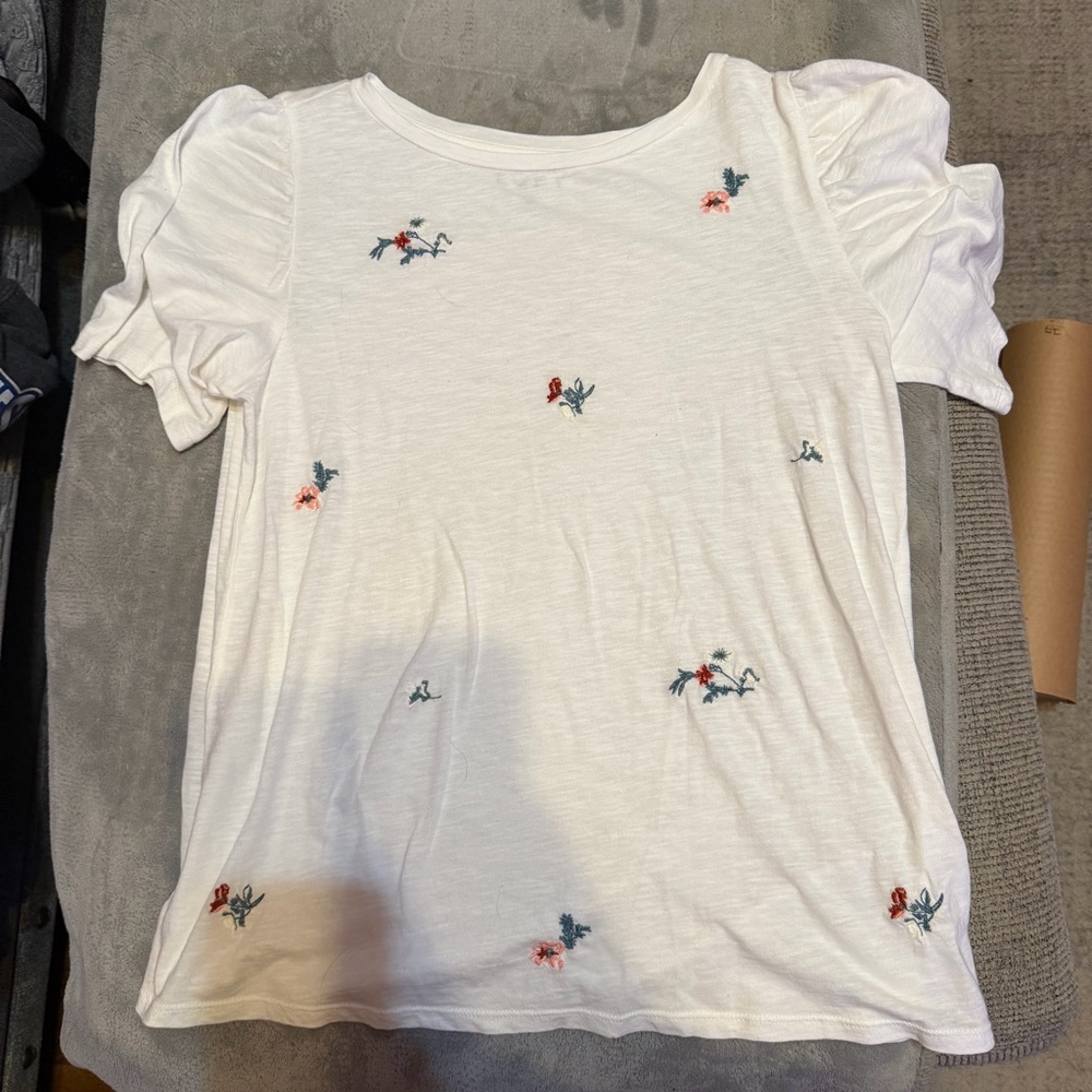 White Floral Embroidered Puff Sleeve Top Women’s Small Cottagecore